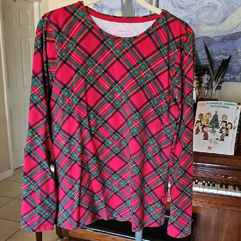 Talbots Classic Tee Red and Green Plaid Long Sleeved Shirt